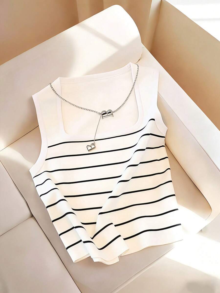 Franclia Áo tank top không tay cổ vuông in họa tiết kẻ sọc mới dành cho nữ, thích hợp cho mùa xuân/hè. - trắng - Xem 1
