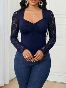 SHEIN Lady Women's Elegant Commuter Navy Blue  Lace Patchwork T-Shirt - Navy Blue - View 4