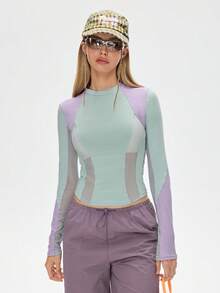 SHEIN Unity T-shirt ajusté à manches longues avec maille contrastée - Multicolore - Voir 5
