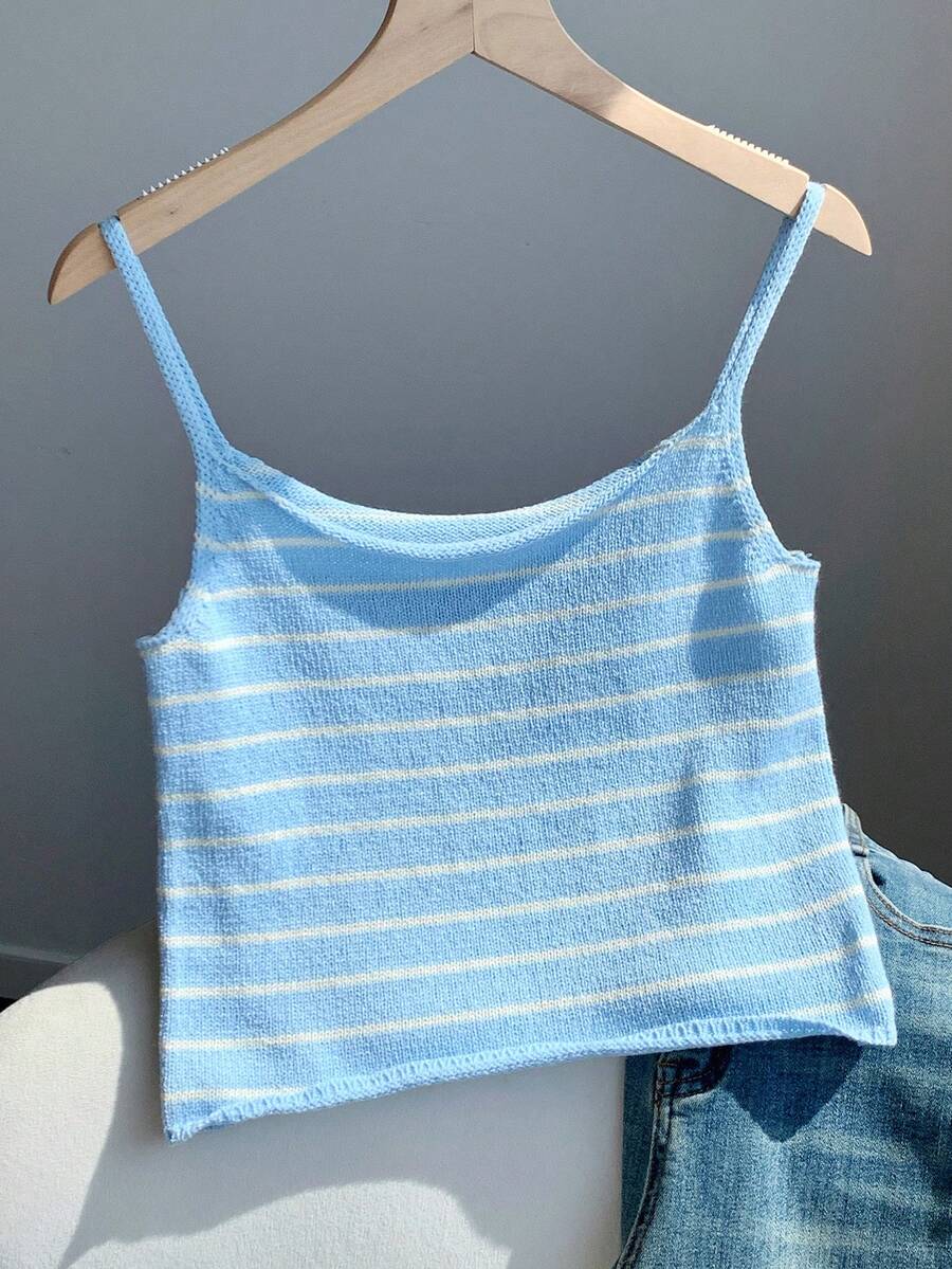 Comfortcana 女士条纹宽松休闲吊带针织上衣 - 藍色 - 查看 1