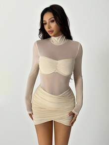 SHEIN PETITE 女士时尚性感网纱拼接立领迷你连衣裙，适合秋冬季感恩节和新年穿着，秋冬季感恩节和新年派对礼服，女士派对连衣裙 - 杏色 - 查看 11