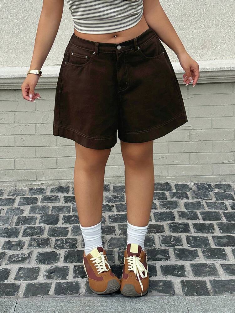 Dazy Plus Solid Color Casual Versatile Plain Denim Shorts, Plus Size Street Style For Women, Spring/Summer