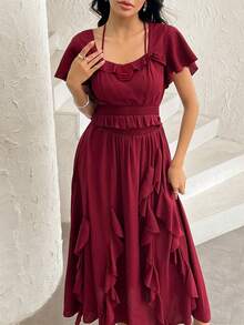 Modelyn Bộ đồ thể thao màu đỏ rượu vang kiểu dáng nghỉ dưỡng, áo tay ngắn cổ trái tim thắt eo kết hợp với chân váy xếp ly, thích hợp cho mùa xuân/hè. - Màu Đỏ Sâu - View 8