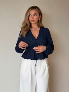 Jeta Ari Women's Solid Color Deep V-Neck Tie Front Elegant Office Wear Long Sleeve Blouse V Neck Blouses For Women Navy Blue Top Women Cinched Waist Top - Navy Blue - View 6