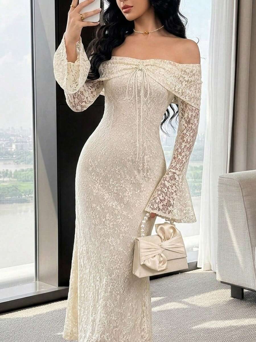 Feyla Đầm dài tay loe trễ vai ren trơn màu thanh lịch cho nữ - Màu be - Xem 1