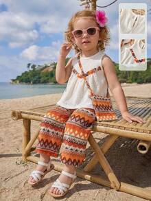 Playful Pals 2pcs/Set Baby Girls' Round Neck Sleeveless Top + Elastic Waist Wide Leg Pants + Crossbody Bag, Casual Cute Outfit, Suitable For Summer Daily Wear - Apricot - View 8