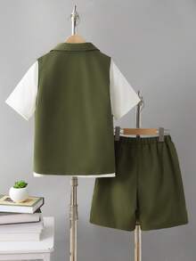 3pcs/Set Boys Casual Letter Print Short Sleeve T-Shirt With Woven Vest And Loose Matching Shorts Set, Simple Fashion Comfortable For Daily Wear School - Army Green - View 2