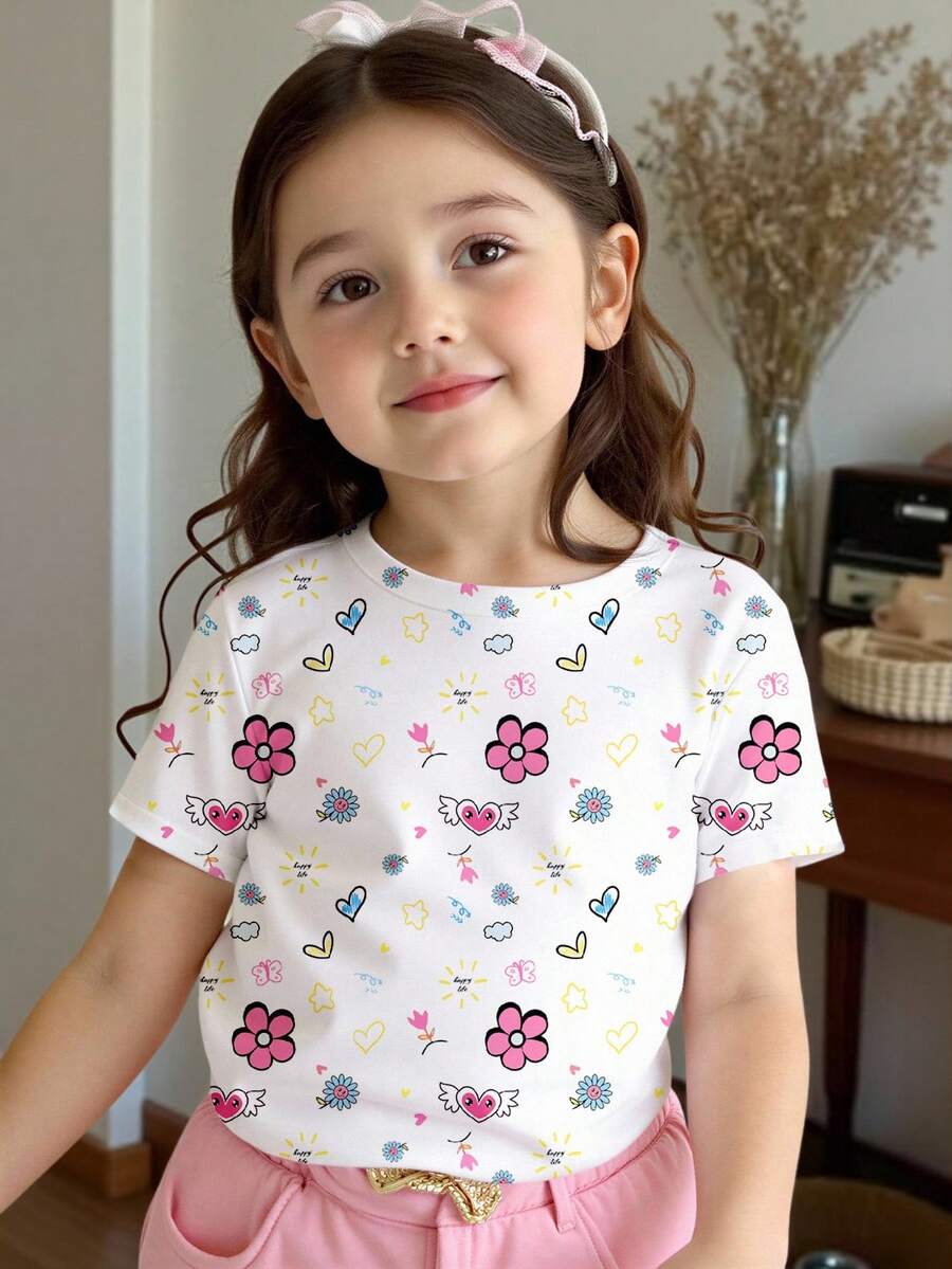 Áo thun ngắn tay cổ tròn in hình trái tim và hoa tối giản cho bé gái, thích hợp mặc vào mùa xuân, hè và thu. - Nhiều màu - Xem 1