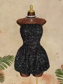Sunspun Plus Size Sequin Strapless Dress, Off Shoulder Backless Tie-Up Short Dress - Black - View 3