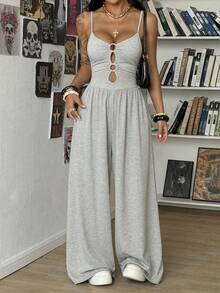 StreetHx Bộ jumpsuit nữ màu đen dáng tối giản với họa tiết hình tròn rỗng, thích hợp cho mùa xuân và mùa thu, trang phục mùa hè cho nữ, áo liền quần nữ mùa hè. - Xám - Xem 5