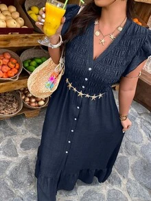 SHEIN LUNE Vestido casual de línea A con cuello en V y mangas con volantes, para vacaciones, tallas grandes, primavera/verano - Azul Marino - Ver 4