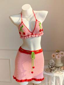 Comfortcana Women's Sexy Sweet Style Hand-Crocheted Halter Cherry Bikini Top With Tie Pom Pom Ruffle Hem Mini Skirt - Multicolor - View 6