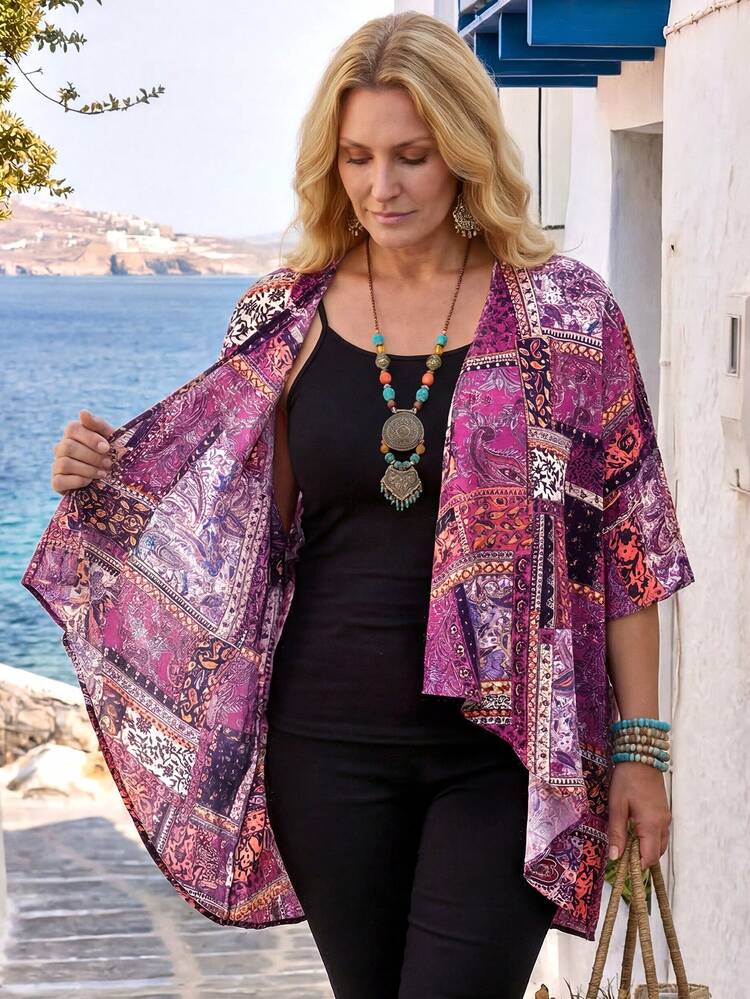 Plus Size Women's Summer Casual Vacation Country  Short Sleeve Allover Print Floral Print Casual Vacation Daily Wear Cardigan,Spring/Summer,Summer\Vacation,Summer Holiday,Spring Break Outfits ,Vacation Outfits Women ,Holiday Outfits For Women,Going Out Outfits,2026 New Clothes,Simple And Fashionable For Everyday Wear,Suitable For Summer, Vacation, Daily Wear,Suitable For Summer, Vacation, Daily Wear,Country Concert Outfit