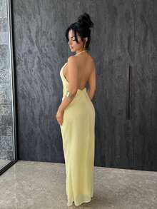 Vassilux Women's Sexy And Elegant Chiffon Cowl Draped Neck Open Back Beaded Chain Decor Bodycon Long Maxi Dress, Yellow Butter Maxi Dress,Women Dating Dress,Women Night Out Dress, Summer Dresses For Women, Honeymoon Outfits Woman .Women Wedding Guest Dress. Island Vacation Outfits,Birthday Dresses For Women,Club Outfits Women Sexy Party - Light Yellow - View 5