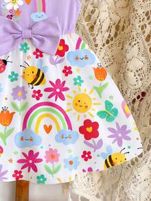 SHEIN Playful Pals 1件女童婴儿/幼儿（6个月-2-3岁）活泼俏皮的彩虹昆虫和花朵印花公主裙，饰有蝴蝶结，飘逸的荷叶袖，轻盈亮丽，适合日常穿着、上学、生日派对、野餐、儿童节、春夏秋季等场合。 - 彩色 - 查看 5