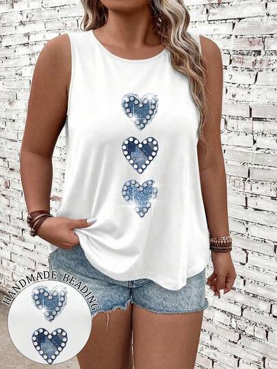 EMERY ROSE Büyük Beden Yazlık Günlük Kalp Baskılı Askılı Bluz