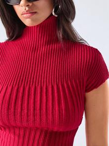 LYSMO 2026 New Arrive Minimalism Spring/Summer Women's Casual Commuting Minimalist Solid Color High Neck Cap Sleeve Asymmetrical Hem Fitted Knit Top - Red - View 3