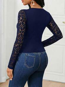 SHEIN Lady Women's Elegant Commuter Navy Blue  Lace Patchwork T-Shirt - Navy Blue - View 2