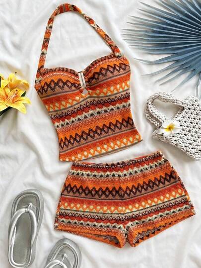 Soleia Bộ đồ thể thao tối giản thường ngày gồm áo hai dây và quần short dệt kim jacquard dành cho nữ, thích hợp cho kỳ nghỉ.