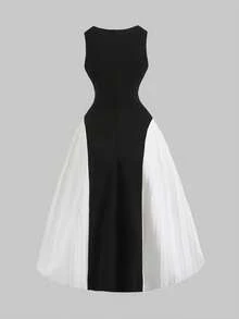 SHEIN Vestido sin mangas de línea A plisado con bloque de color y cuentas de perlas elegante para adolescentes - Blanco y Negro - Ver 2