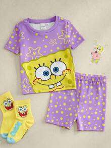 SpongeBob SquarePants | SHEIN 女婴短袖T恤短裤睡衣套装 - 紫色 - 查看 1
