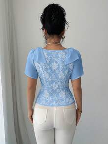 Elenzga 女士优雅提花系带袖衬衫 - 藍色 - 查看 2