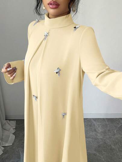 Yasmyna Đầm nữ màu trơn tối giản kiểu Ả Rập với họa tiết 3D trang trí.