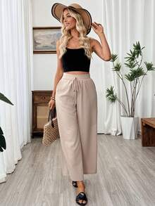 SHEIN Holidaya Women's New Summer Urban Relaxed Linen Wide-Leg Pants – Effortlessly Casual & Lazy Vibe, Perfect Light French Daily Look For Commute And Getaways Woman Summer Outfits - Khaki - View 7