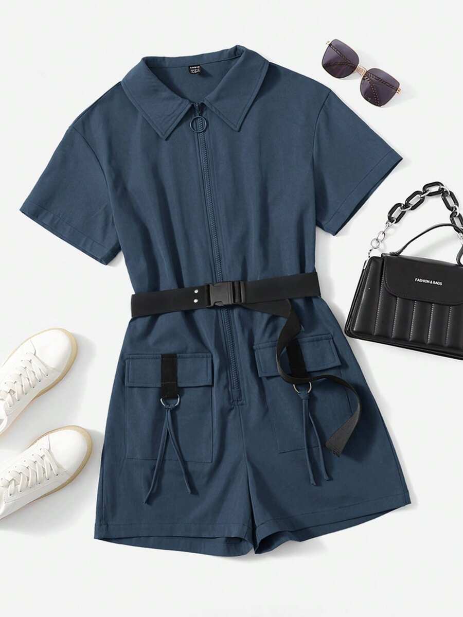 SHEIN Essnce Women's Solid Color Minimalist Short Sleeve Woven Jumpsuit - Blue - View 1