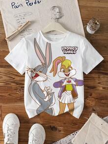 LOONEY TUNES X SHEIN Camiseta casual de manga corta con cuello redondo y estampado de dibujos animados para niña preadolescente - Blanco - Ver 1