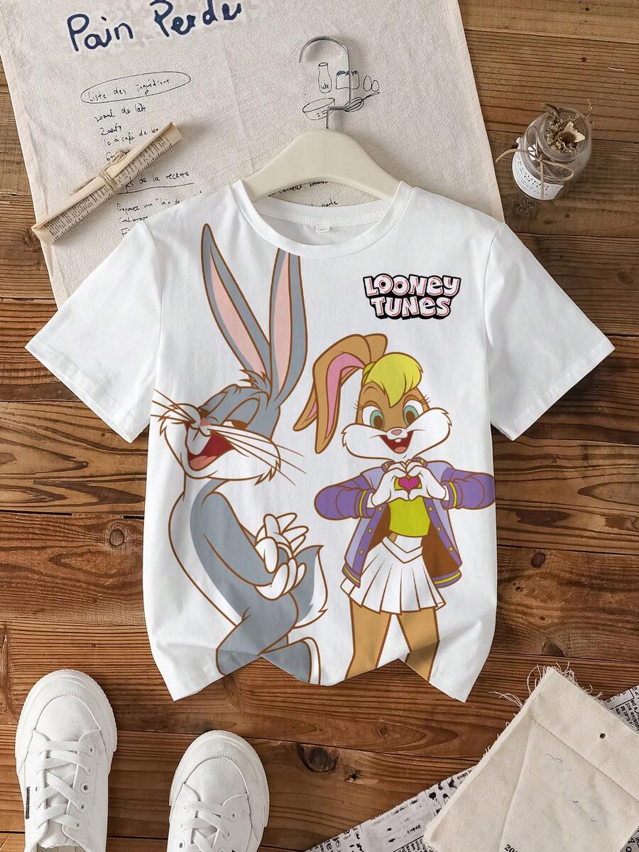 LOONEY TUNES X SHEIN Camiseta casual de manga corta con cuello redondo y estampado de dibujos animados para niña preadolescente - Blanco - Ver 1