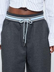 COUREZ Low Rise Oversized Sweatpants With Stripe Contrasting Waistband Y2K Summer For Women Summer For Women - Dark Grey - View 7
