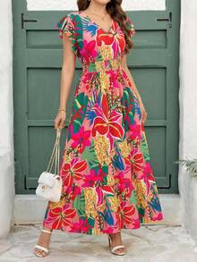 Reflora 大码女式夏季连衣裙，优雅印花不对称下摆连衣裙 - 彩色 - 查看 4
