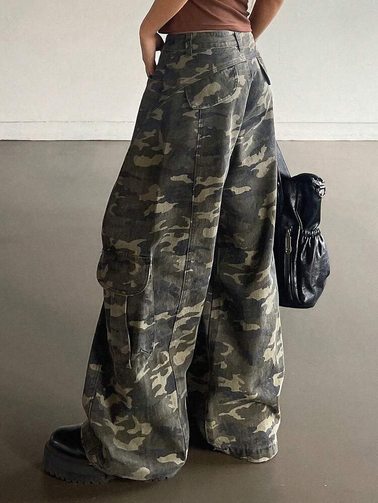 Women's Washed Camouflage Loose Cargo Pants With Large Pockets, Casual Street Style Jeans
