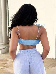 Alexandranx Atasan Camisole Crop Berkerut Warna Polos untuk Wanita, Biru, untuk Musim Panas - Biru - View 2