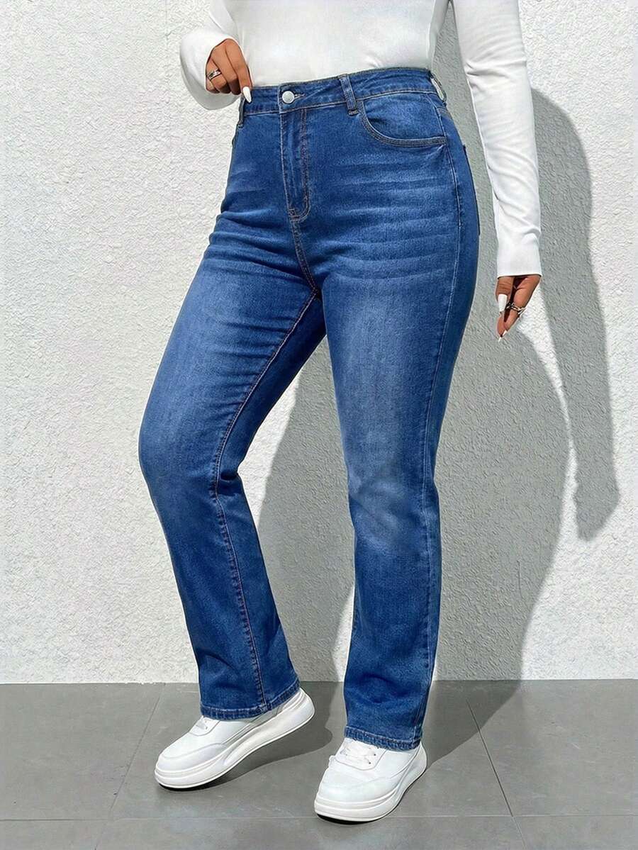SHEIN ICON Quần jeans ống loe dáng ôm, rộng rãi, chất liệu wash, cỡ lớn, kiểu dáng thường ngày. - Rửa trung bình - Xem 1