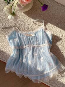 Comfortcana 女士撞色蕾丝蝴蝶结网眼吊带背心 - 藍色 - 查看 3