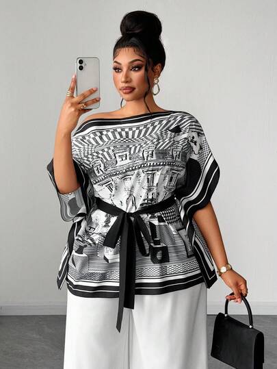 Maweii Women's Summer Asymmetrical Shoulder Short Sleeve Black & White Floral Print Tie-Waist Plus Size Blouse, Elegant Casual Wear For Daily, Commute, Party, Vacation