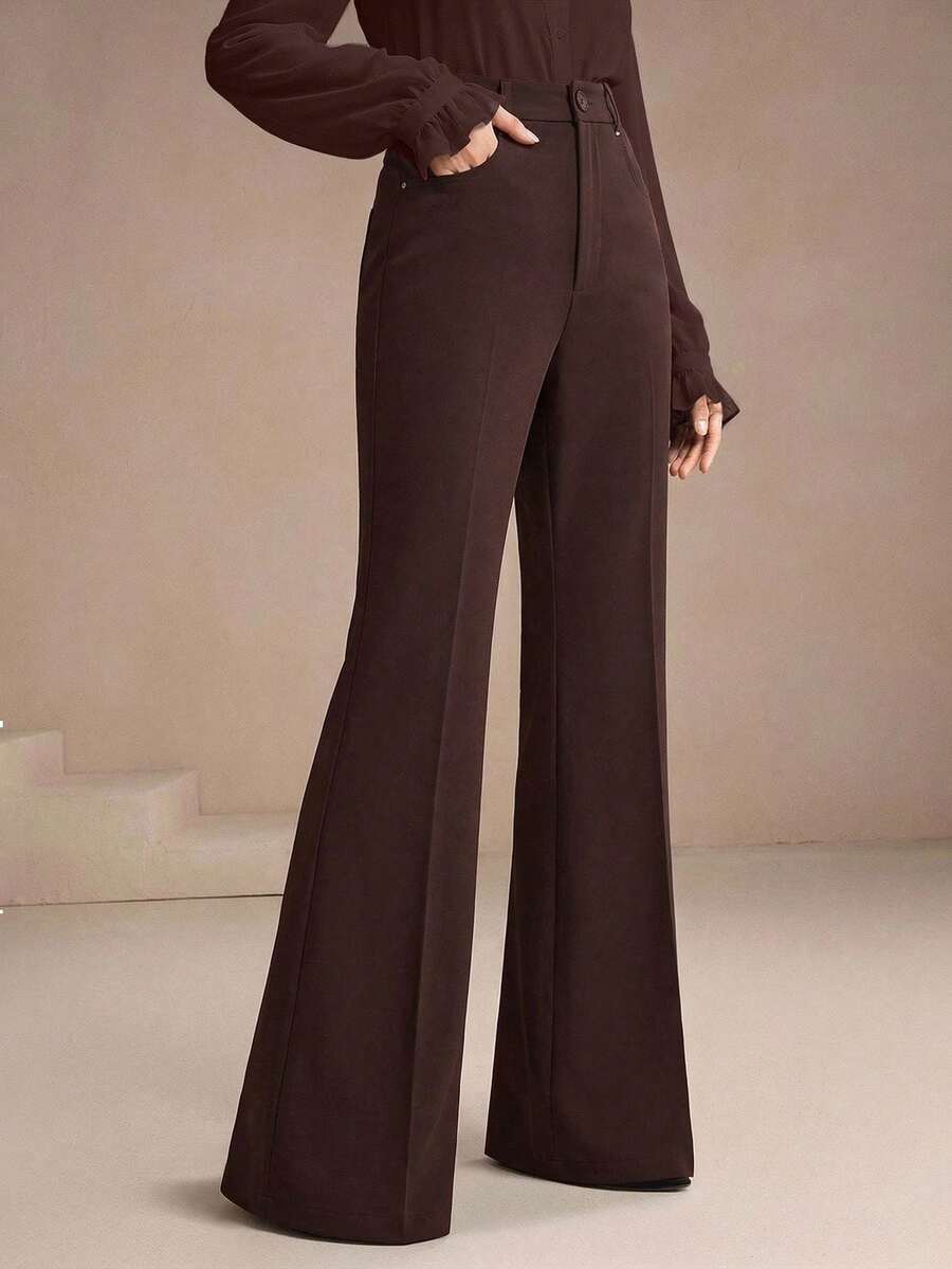 Anewsta 女士棕色长裤，优雅喇叭裤型，带铆钉口袋，适合商务、通勤和休闲穿着。 - 咖啡棕 - 查看 1
