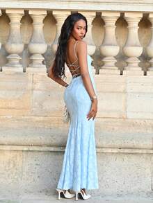 Mima John Ladies' Spring/Summer Holiday & Wedding Season Solid Color Cross Back Lace Trim Mermaid Dress Party - Baby Blue - View 7