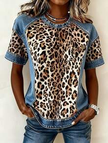 EMERY ROSE Women's Casual Leopard Print Patchwork Short Sleeve Fitted T-Shirt - Multicolor - View 1
