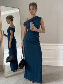 Aloruh 全新时尚通勤不对称不对称肩领褶饰短袖上衣和 A 字开衩下摆半身裙两件套下午茶套装 - 棕色 - 查看 2