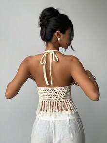 Aloruh Áo vest nữ mùa hè mới về, màu mơ nhạt, thanh lịch, gợi cảm, dễ thương, tối giản, thích hợp cho kỳ nghỉ biển, hẹn hò lãng mạn, dự tiệc tối, kiểu cổ yếm, khoét rỗng, có tua rua. - Màu be - Xem 2