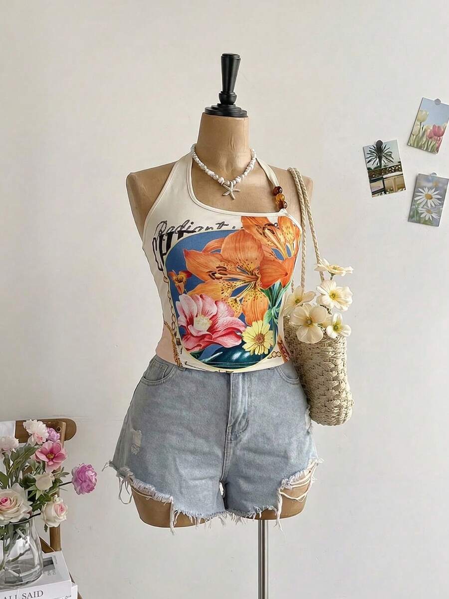 SHEIN MOD Plus Size Women Retro Floral Print Fitted Asymmetrical Open Shoulder Top, Faux Pearl Decor, Romantic Gothic Aesthetic, Hawaiian Style Vacation Wear, Y2K Vintage, Hippie, Western, Summer,Bohemian Halter Neck Top - Apricot - View 1