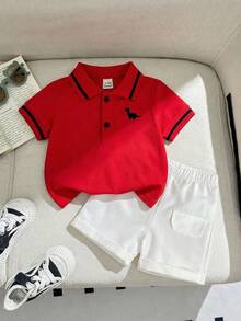 Souflis Souflis 男婴幼儿新生儿春夏休闲日常外出绅士学院风 Polo 衫带领带口袋短裤套装，婴儿套装，婴幼儿服装 - 紅白色 - 查看 1