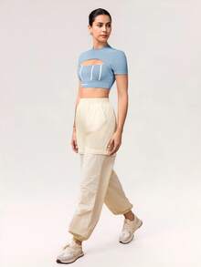 Activina Camiseta deportiva de manga corta casual con contraste de color para mujer - Celeste - Ver 6