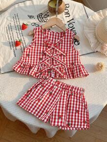 SHEIN 2pcs/Set Young Girl Summer Casual Plaid Strawberry Embroidery Vest And Shorts Set Summer Tops Shirts Summer Clothes Sets Gingham Set Plaid Two Piece Set Girls Young Girl Two Piece Summer Two Piece Set Kids Plaid 2 Piece Baby Girls Gingham Romper With Strawberry Embroidery Ruffled Hem And Bow Detail Girls Red And White Checkered Outfit Girls Red Gingham Girls Summer Two Piece Girls Summer Clothes Girls Strawberry Print Clothes - Red and White - View 7