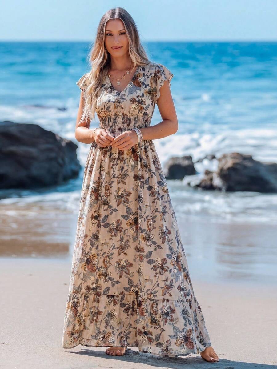 Sylviya Casual Women's Shirred Ruffle Trim Cap Sleeve Drawstring Waist Ruffle Hem A-Line Long Dress, Placement Printed Vacation Dress,Vacation - Khaki - View 1