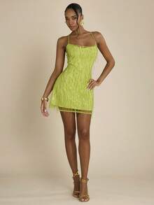 SHEIN BAE Women's Lime Green Beaded Tassel Sleeveless Mini Dress, Summer 70's Party Club Disco Rave Floral Backless Spaghetti Strap Nightclub Beach Outfit Sexy - Green - View 5