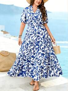 SHEIN Holidaya Đầm nữ cỡ lớn cổ chữ V tay ngắn, thắt eo, cài cúc phía trước, họa tiết lá cây, kiểu dáng thường ngày, thích hợp cho kỳ nghỉ. - Màu xanh lam - Xem 7